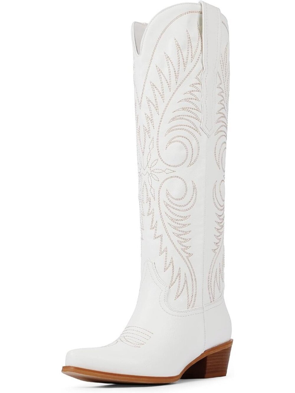 Women's White PU Embroidered Cowgirl Knee High Pointed Toe Chunky Heel Boots